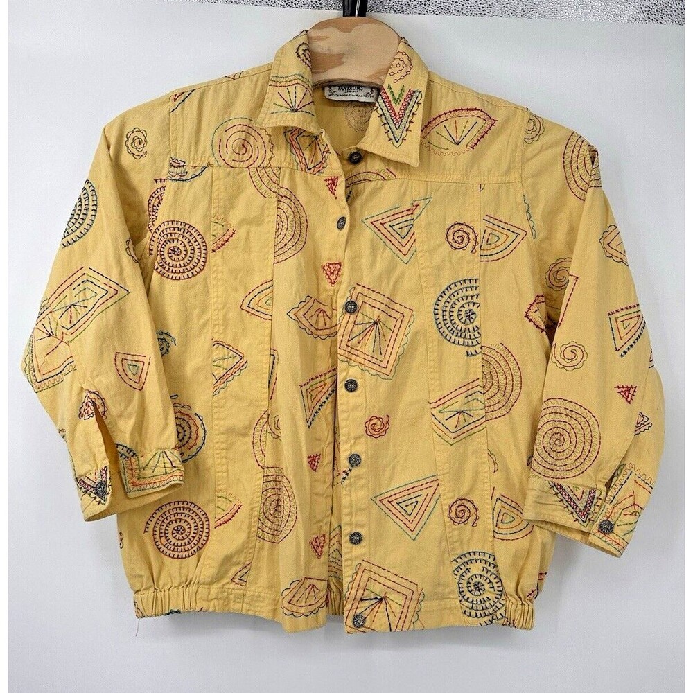 VTG Tantrums Embroidered Floral Boho Hippie yellow Jacket Pockets Size 1X Min